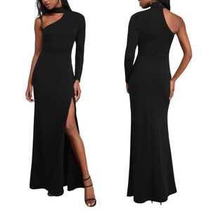 NWT Lulus Keep It Interesting Black One-Shoulder Cutout Stretchy Maxi Gown Dress